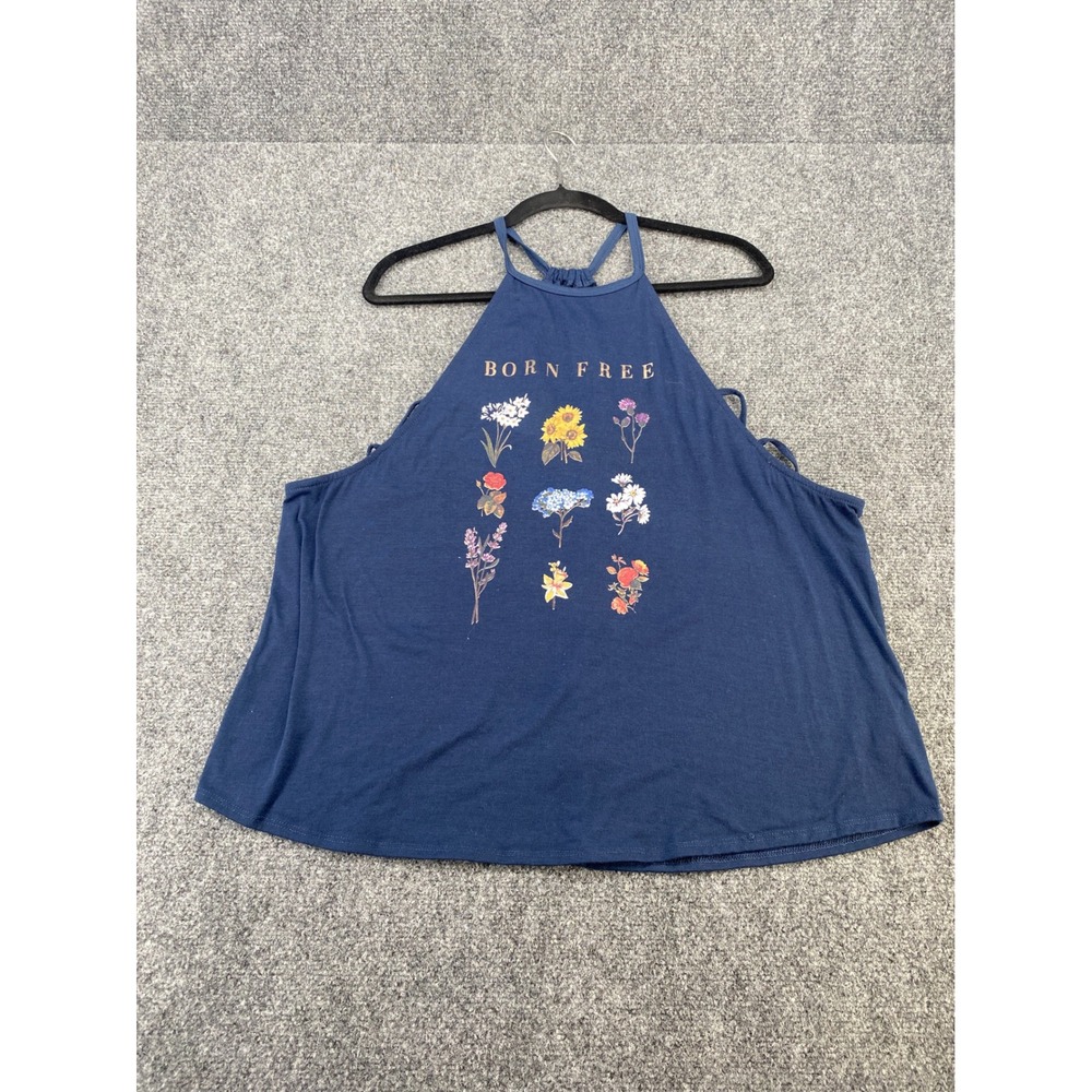No Boundaries Born Free Floral Halter Tank Top Womens XXL 2XG Navy Blue Graphic